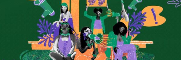 Ilustração com fundo verde-escuro e elementos gráficos em roxo, laranja e verde. Seis mulheres racializadas aparecem em posição de luta e resistência: algumas sentadas, outras de pé, segurando cartazes e megafones, com expressões de força e enfrentamento. Ao fundo, as letras "L U T A" reforçam a mensagem do movimento que representa a mobilização de mulheres pelos direitos reprodutivos no Brasil.